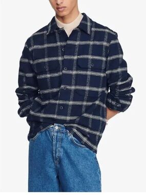 Sandro Plaid Checked Wool Blend Button Down Shirt Overshirt Flannel Medium